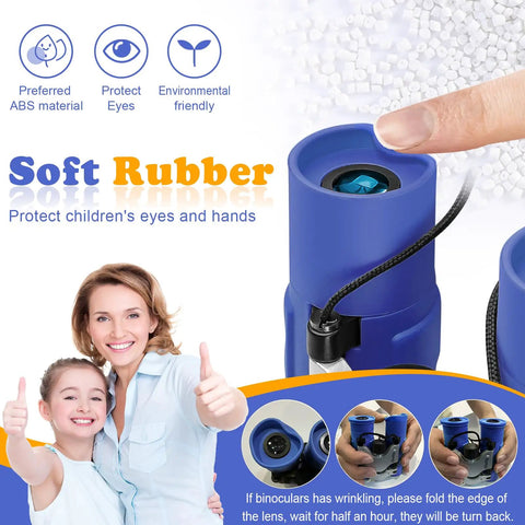 Real Binos For Kids 8x21 Compact And Shockproof Folding Mini Binos For Bird Watching Travel Camping Gift For Boys And Girls Ages 3-12 High Resolution Optics Soft Eyeguards Blue, blue ABS soft rubber eyepiece close-up