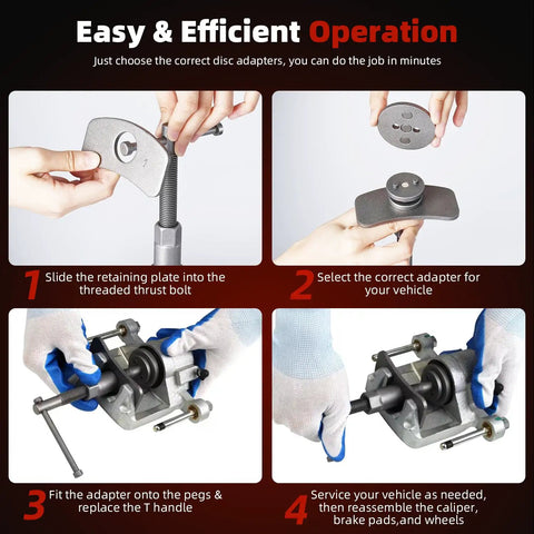 Pro Grade 24 Piece Disc Brake Caliper Wind Back Tool Set With Piston Backer And Left And Right Thrust Bolts, 18 Adapters for Modern Cars And Trucks instruction guide shown.