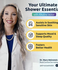 Smiling woman in white coat next to benefits of high output shower head filter for hard water, boosts pH, easy install.