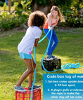 Kids playing crate box tug of war outdoors with blue rope; Tug Of War Rope For Kids And Adults Outdoor Party Game; fun family activity