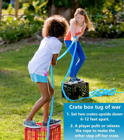 Kids playing crate box tug of war outdoors with blue rope; Tug Of War Rope For Kids And Adults Outdoor Party Game; fun family activity