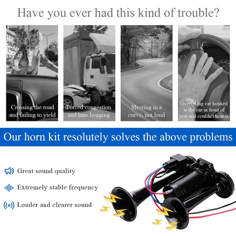 No Nonsense High Output 12V Dual Trumpet Car Air Horn With Compact Compressor Straight Up Hella Loud 600DB Electric Blaster Kit image with horn details.