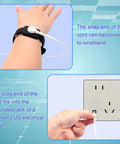 Anti Static Wrist Strap For ESD Grounding 9 Inch Adjustable Button Style Conductive Silicone Wristband Ready For DIY Electronics Repair And Assembly With Snap Connector Compatibility Black attached to wrist and electrical outlet with cord.