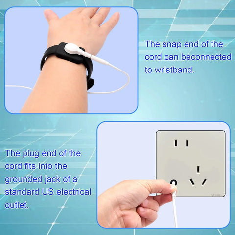 Anti Static Wrist Strap For ESD Grounding 9 Inch Adjustable Button Style Conductive Silicone Wristband Ready For DIY Electronics Repair And Assembly With Snap Connector Compatibility Black attached to wrist and electrical outlet with cord.