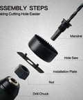 Exploded view of 19-piece hole saw kit showing mandrel, drill chuck, installation plate, nut, hex key, case