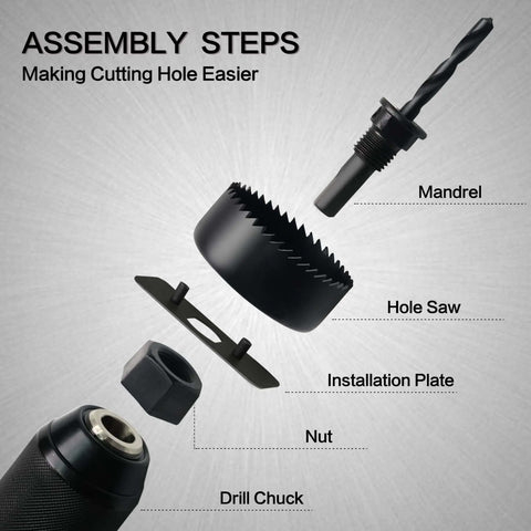 Exploded view of 19-piece hole saw kit showing mandrel, drill chuck, installation plate, nut, hex key, case