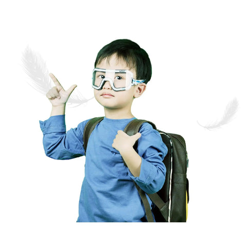 Kicker Ultra Breezy Seven Gram Junior Safety Specs With Knockout Anti Fog Shields worn by a boy in a blue shirt, holding a backpack.