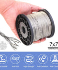 Hand holding spool of wire from All In One Wire Rope Crimp Kit With 100Ft 2mm Vinyl Coated Cable, showing 7x7 construction benefits.
