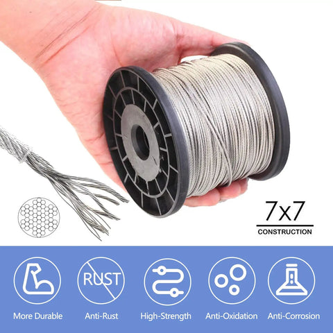 Hand holding spool of wire from All In One Wire Rope Crimp Kit With 100Ft 2mm Vinyl Coated Cable, showing 7x7 construction benefits.