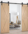 Installed Beefy Sliding Barn Door Hardware Kit For Double Doors Black Finish Eight Foot Rail System With I Shape Hanger