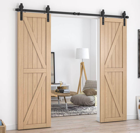 Installed Beefy Sliding Barn Door Hardware Kit For Double Doors Black Finish Eight Foot Rail System With I Shape Hanger