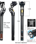 Suspension Seatpost For Mountain Bikes And Ebikes Shock Absorbing Seat Post With Spring Action Comfy Rides Fits 27.2mm 30.9mm And 31.6mm Diameters Universal Fit For MTB Gravel Hybrid And Folding Bikes shown with adjustable settings and dimensions.