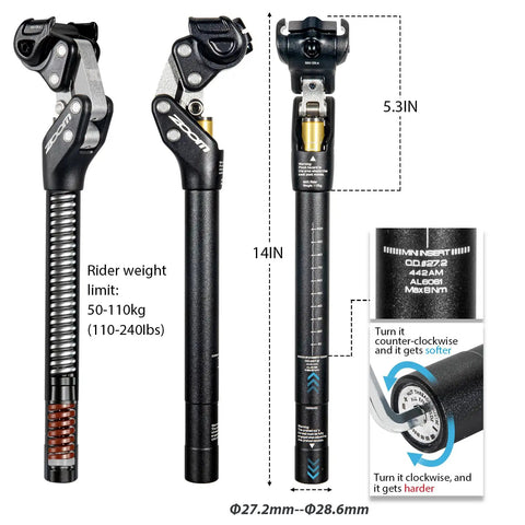Suspension Seatpost For Mountain Bikes And Ebikes Shock Absorbing Seat Post With Spring Action Comfy Rides Fits 27.2mm 30.9mm And 31.6mm Diameters Universal Fit For MTB Gravel Hybrid And Folding Bikes shown with adjustable settings and dimensions.
