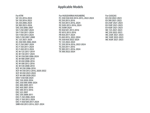 List of applicable models for Hydraulic Clutch Lever And Master Cylinder For KTM Dirt Bikes, CNC Aluminum, Pro Grade Durability