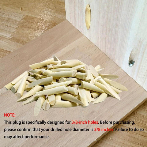 Solid Wood Pocket Hole Plugs Set Pine Wood Plugs for Pocket Hole Jig Tools 100 Pieces shown on wooden board