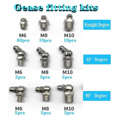 110 Piece Metric Grease Fittings Kit M6 M8 M10 Straight and 45 Degree 90 Degree Angled Zerk Fittings for Grease Guns