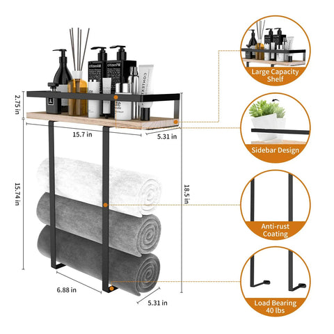 Diagram of Wall Mounted Towel Rack With Wooden Shelf For Folding Large Towels Metal Towel Holder Perfect For Small Bathrooms Apartments RVs And Campers Space Saving Bathroom Organizer Decor For Any Wall showing dimensions and features