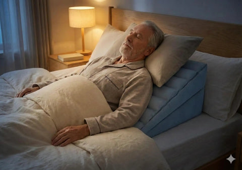 Chillax With This Awesome Adjustable Inflatable Wedge Pillow From Boyd Sleep, Featuring A Snazzy Electric Pump For Easy Air Control And Dual Chambers So You Can Recline In Total Comfort While Sleeping Or Just Hanging Out. An older man resting comfortably in bed with a blue adjustable inflatable wedge pillow.