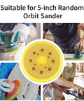 Heavy Duty Beast 5 Inch Hook And Loop Orbital Sander Pad With Eight Dust Holes on sander and in use by carpenters.