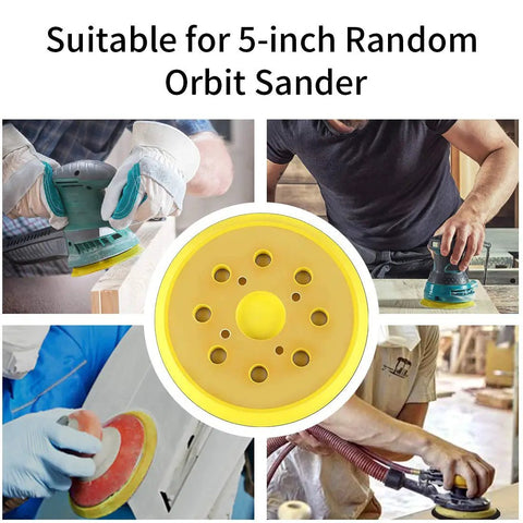 Heavy Duty Beast 5 Inch Hook And Loop Orbital Sander Pad With Eight Dust Holes on sander and in use by carpenters.