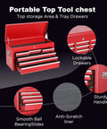 Rock Solid Heavy Duty Steel Tool Chest With 8 Deep Drawers And Rollin Locking Wheels Detachable Top Liner side view with open lid and smooth ball bearing drawers.