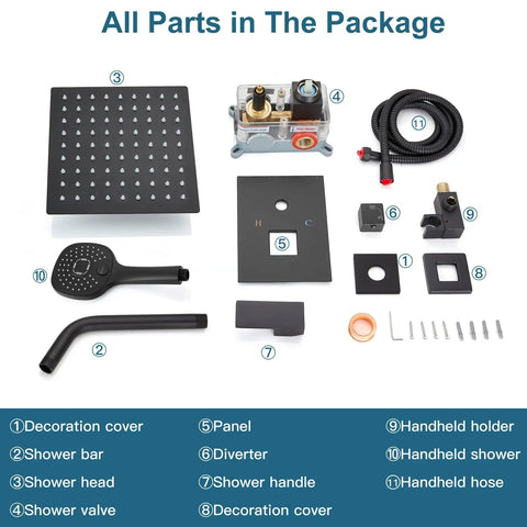 Matte Black Rain Shower System With Wall Mount, 8 Inch Square High Pressure Rain Shower Head, ABS 3-Function Handheld Sprayer