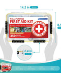 350 Piece All Purpose Emergency First Aid Kit with Waterproof Case, shown with size dimensions overlaid.