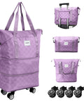 WOOMADA lavender checkered rolling duffel bag with wheels; includes detachable carry-on and tote bag