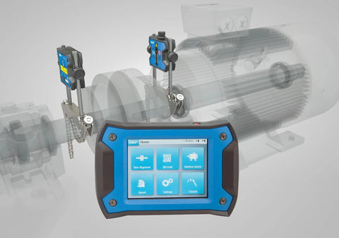 Wireless Laser Shaft Alignment System With Automatic Measurement For Safe No Sweat Alignment In Tight Spaces Starts At Any Angle And Finishes With A 90 Degree Sweep Ideal For Industrial Machinery And High Precision Maintenance showing ergonomic touchscreen and sensors.