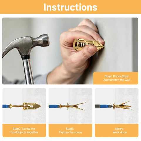 Manual showing Heavy Duty Drywall Anchors And Screws Assortment Kit 600 Pieces Self Drilling Hollow Wall Plugs installation steps