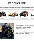 Graphic showing motorcycle, sports car, off-road vehicle, and scooter, indicating universal use of 10 Piece Motorcycle Windshield Bolt Screw Kit Aluminum Alloy Mounting Screws Nuts Universal Fit for Motorcycle Fairings Black Heavy Duty Hardware Set for Fast No Fuss Install and Long Lasting Weather Ready.