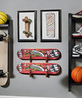 Retro Acrylic Skateboard Wall Mount And Snowboard Display Rack For Fresh Setup Deck Stash And Longboard Cruiser Storage With Skater Grade Wall Hanger System with colorful skateboards on wall.