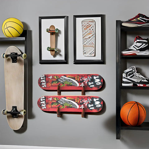 Retro Acrylic Skateboard Wall Mount And Snowboard Display Rack For Fresh Setup Deck Stash And Longboard Cruiser Storage With Skater Grade Wall Hanger System with colorful skateboards on wall.