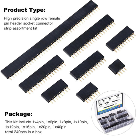 240 Piece 2.54mm Straight Single Row Female Pin Header Socket Connector Strip Assortment Kit for Arduino with box view