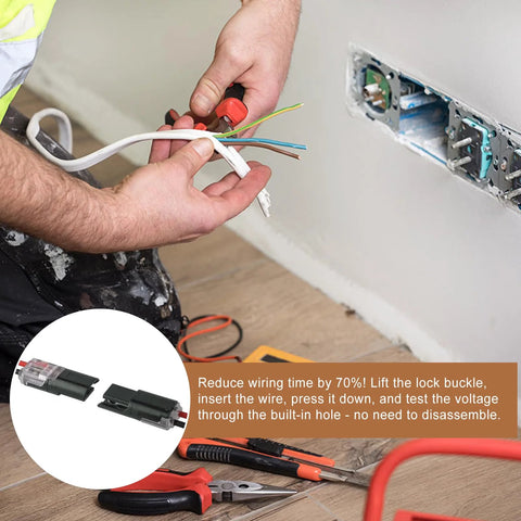Person using 50 Pieces Quick Clip Fasteners For 22 18 AWG Automotive LED Wire Connectors And LED Strip Splicing Suitable For Speaker Trailer Audio Marine Car Vehicle Battery Truck Ground And Low Voltage Wiring Connectors Kit in wall installation