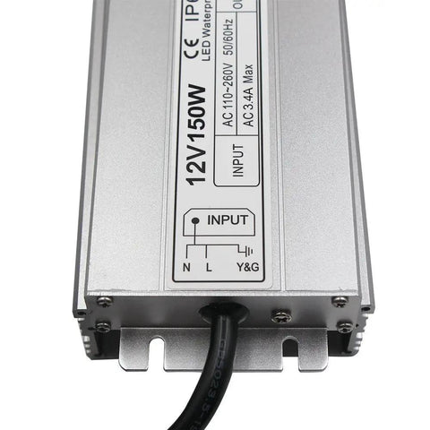 Outdoor LED Driver 12V DC 150W Power Supply IP67 Waterproof Transformer with slim durable case and input cable close-up