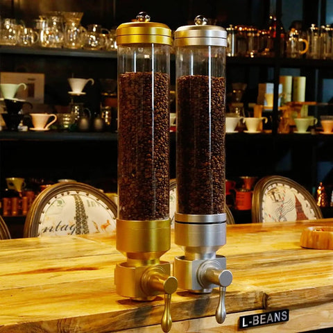 Wall Mounted Coffee Bean Dispenser With Clear Acrylic Jar For Busy Cafes And Brew Spots Detachable Sealed Hopper Keeps Beans Fresh No Fuss Wipe Down Large 5100g Spot Ready Setup with gold and silver containers.