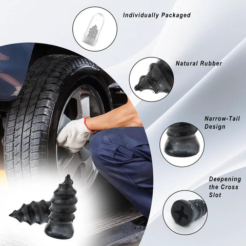 40 Piece Tire Repair Kit With Rubber Nails And Screw Plugs, person fixing tire with repair tool, highlighting product features