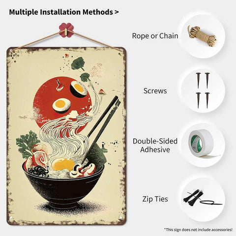 Funny Vintage Ramen Bowl Metal Sign Wall Art 8x12 Inches Tin Sign With Pre Drilled Holes For Easy Mount Ideal For Home Office Garage Kitchen Dorm Man Cave Decor Rustic Industrial Style showing hanging methods.