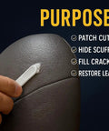 Hand applying Leather Repair Filler For Holes, Tears, Cracks And Scratches On Car Seats, Furniture, And Shoes Flexible Paintable Crack Repair With Applicator, 100 Milliliters Dries Smoothly Long Lasting Finish Easy To Use on leather surface