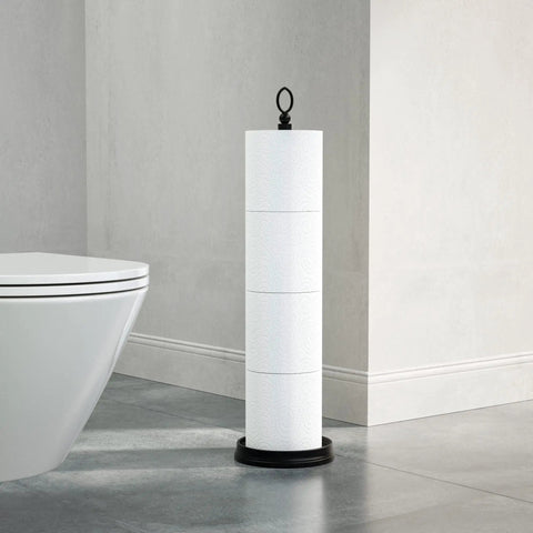 Heavy Weighted Free Standing Toilet Paper Holder With Reserve Function No Tools Needed Spare Roll Storage Stand For Bathroom Matte Black Finish