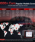 E660 2026 Version OBD2 Scanner For Engine ABS SRS And Transmission Code Reader display next to map highlighting coverage areas
