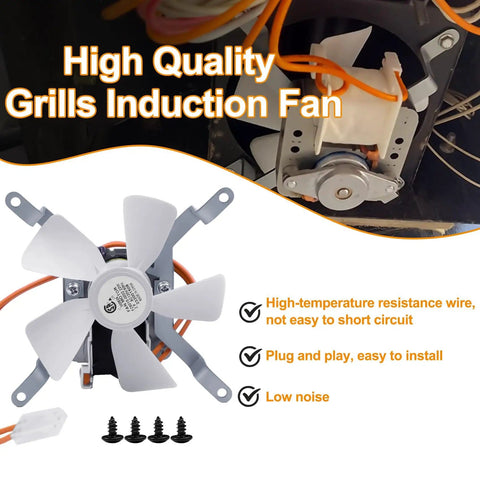 Replacement Parts Kit For Pellet Grills With 2.0 RPM Auger Motor Hot Rod Ignitor Fire Burn Pot And Induction Fan Fits Pit Boss Traeger Camp Chef And Z Grills Wood Pellet Grills, featuring an induction fan with installation accessories and features.