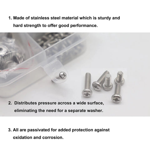 Heavy Duty 140 Piece M4 Machine Screw Assortment Kit Featuring Pan Head Phillips Drive Bolts In Top Notch 304 Stainless Steel with screws.