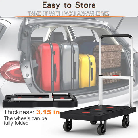 Foldable Platform Hand Truck Cart With 330 Pound Capacity in a car trunk showing luggage and folded dolly