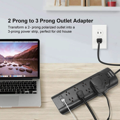 Two Prong To Three Prong Power Strip With 6 Ft Extension Cord, 700J Surge Protector, 10 AC Outlets and 4 USB Ports, Black on desk.