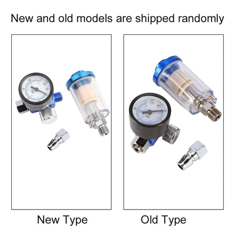 Side-by-side new and old Universal One Quarter Inch Air Regulator Kit With Gauge For Pneumatic Spray Guns models with components shown