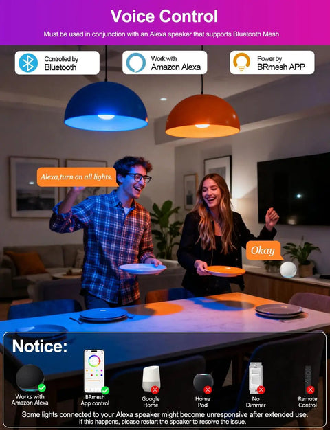 Couple controlling Alexa Ready Smart Bulb 10W 900 Lumens 2700K Warm White 2 Pack with voice in a modern dining room.