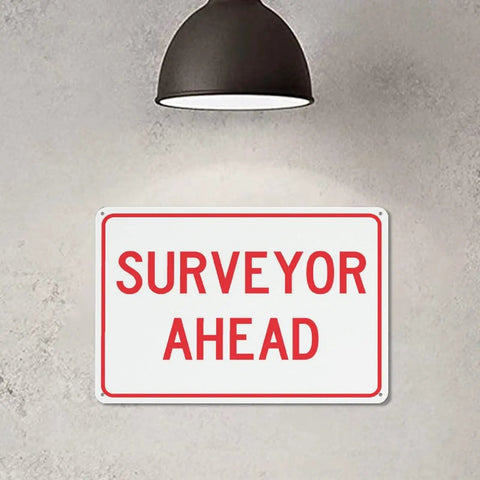 Sturdy Aluminum Sprinkler Booster Connection Warning Sign 8x12 Inch For Commercial Buildings And Industrial Plants, Built-Tough High-Visibility Safety Plaque For Water Supply Zones, Bold Readable Lettering For Daylight Or Low Light. White aluminum sign with red Surveyor Ahead text
