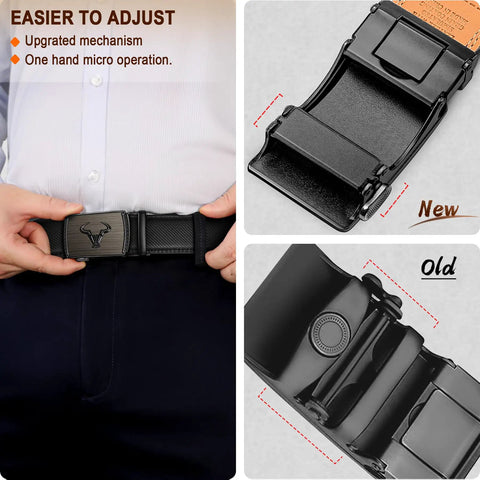 Close-up of Men's Ratchet Leather Belt for Dress and Casual Wear, 1 3 8 Inch Wide, Black, showing buckle and adjustment mechanism.